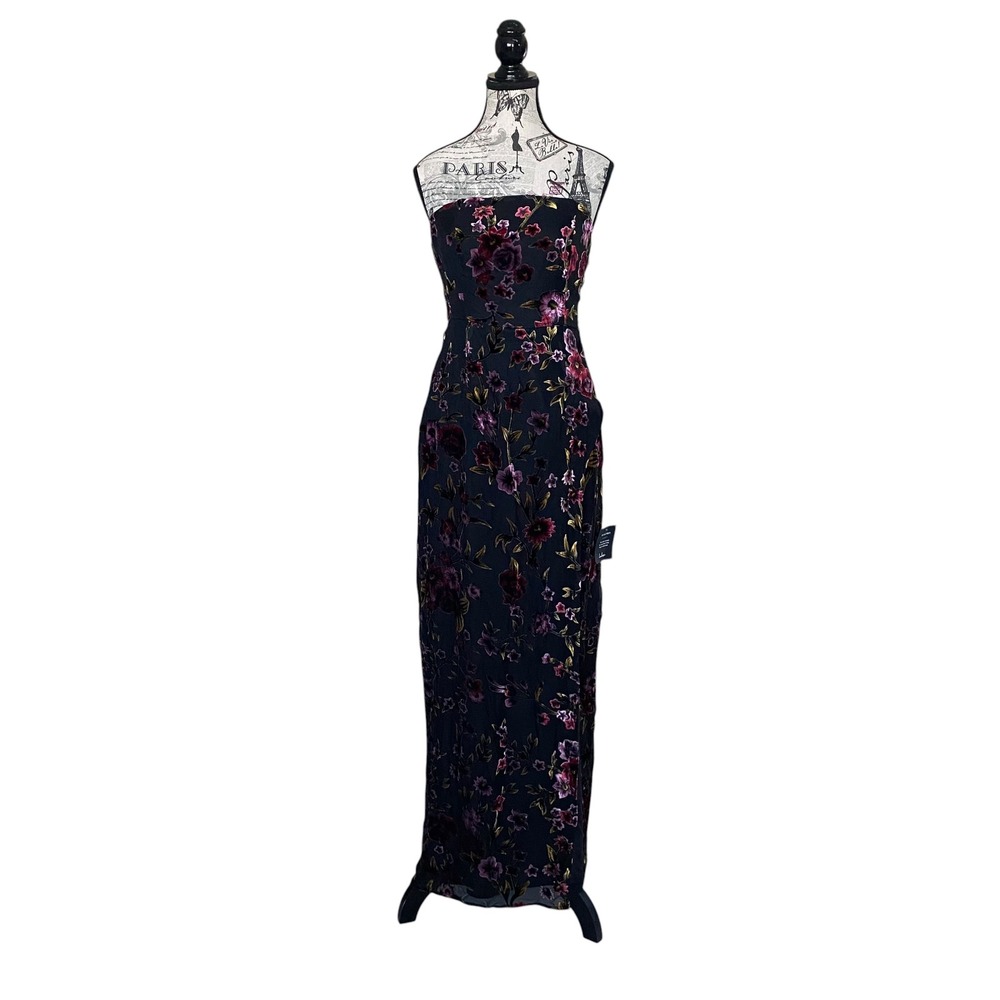 Lulus Maxi Dress Women S Black Floral Velvet Burnout Strapless Slit Whimsigoth
